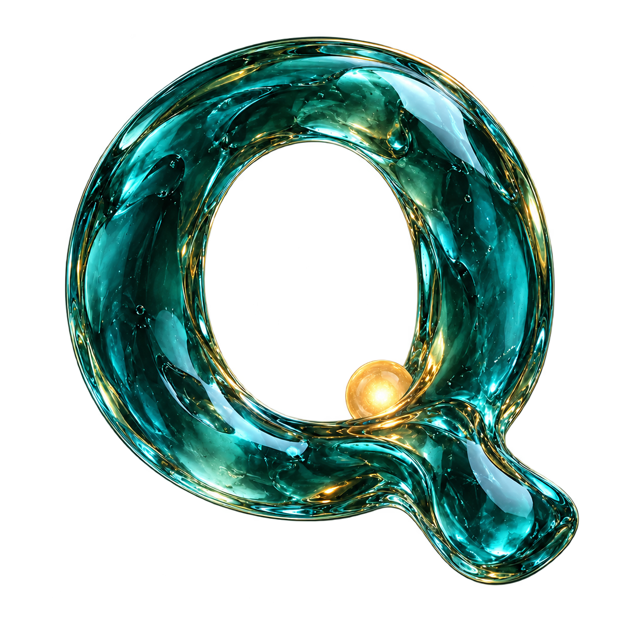 A luminous teal glass Q, floating around a small golden sphere