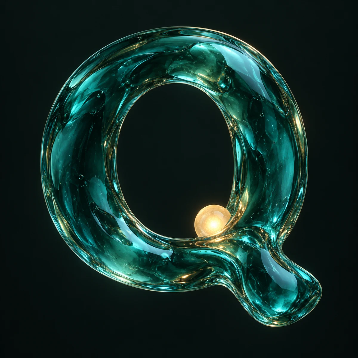 A luminous teal glass Q, floating around a small golden sphere